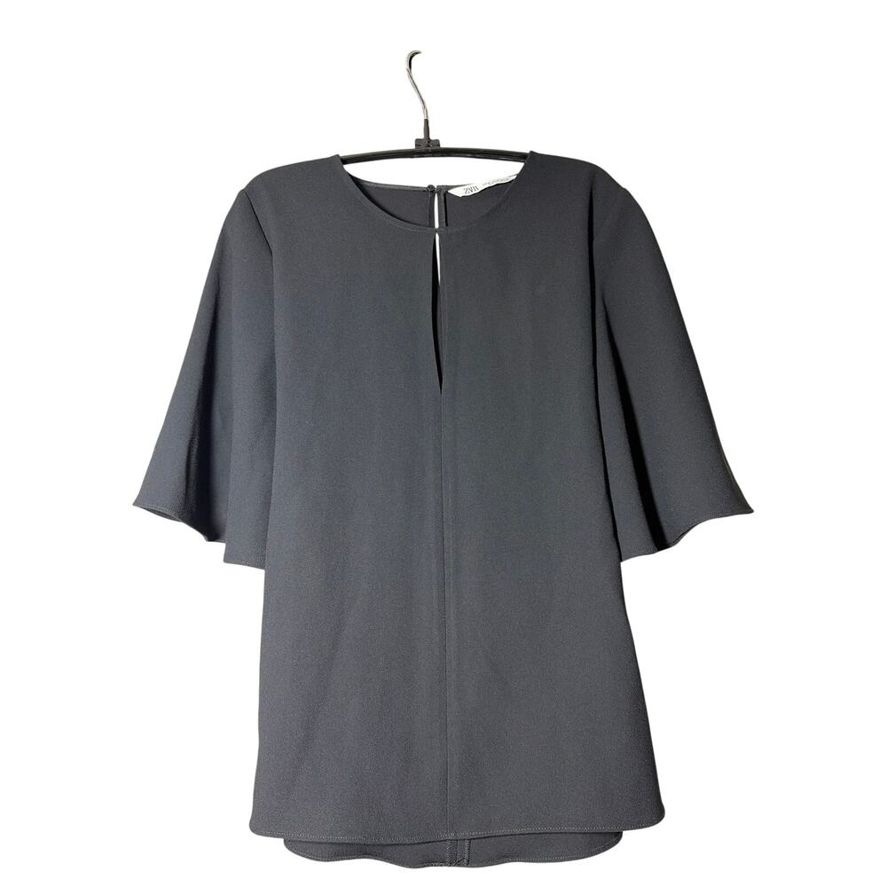 Zara Black Flowy Keyhole Back Blouse | Minimalist Wide Sleeve Top Size Medium